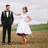 Country Style Cap Sleeves Polka Dot Tea Length 50s Style Wedding Dress,20110639-Dolly Gown